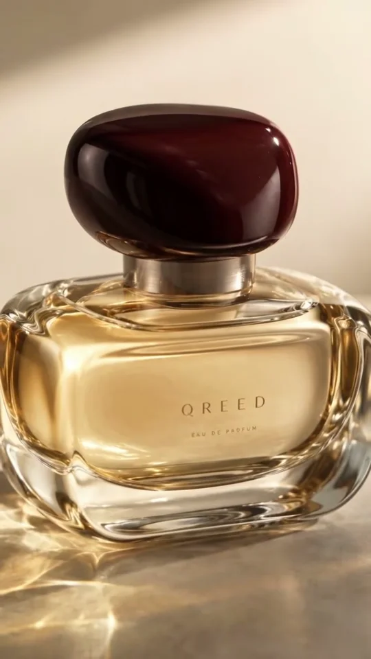 QREED perfume with a burgundy cap in warm studio light